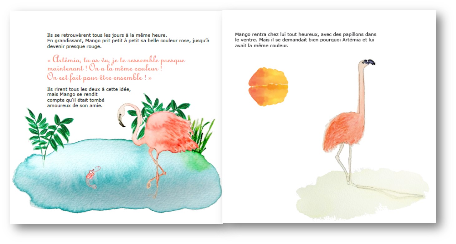 Une page du livre L'histoire du flamant rose qui aimait une crevette
